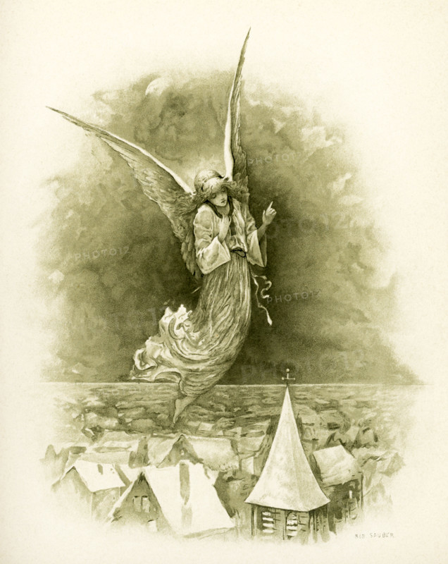 This illustration of an angel flying above a town with a church accompanied Phillips Brooks's Poems  (c. 1886) by Phillips Brooks (1893).