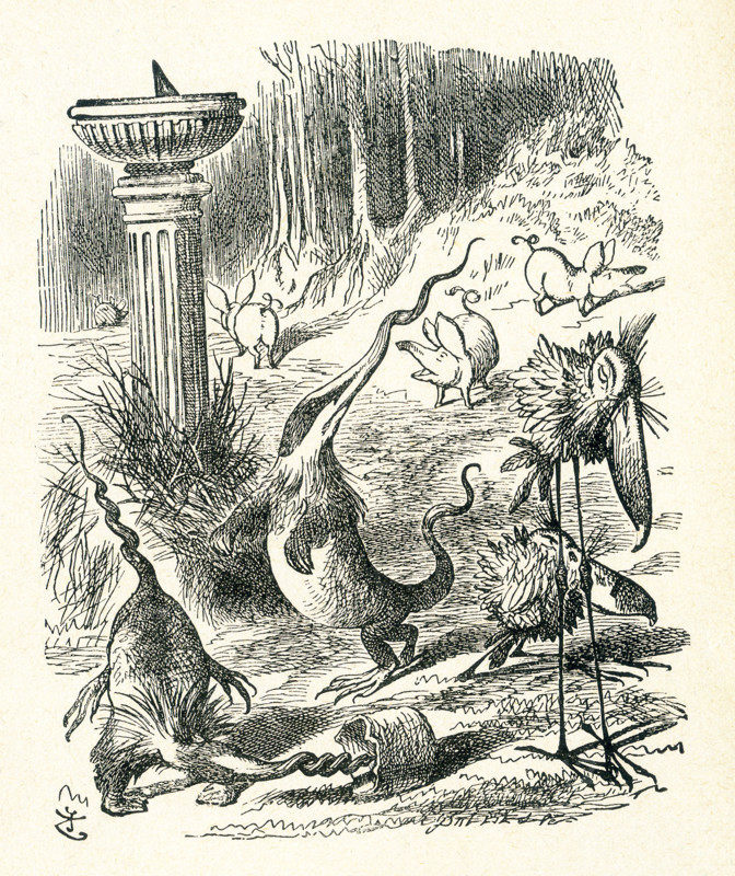 This is a scene from what Alice saw once she went through the Looking Glass and into the Looking Glass room in Lewis Carroll's ""Through the Looking Glass."" This illustration complements Humpty Dumpty explaining to Alice the meaning of the poem called Jabberwocky. There are: lithe and slimy things, and something like badgers that go round and round like a gyroscope. Lewis Carroll (Charles Lutwidge Dodgson) wrote the novel ""Through the Looking-Glass and What Alice Found There"" in 1871 as a sequel to ""Alice's Adventures in Wonderland."".