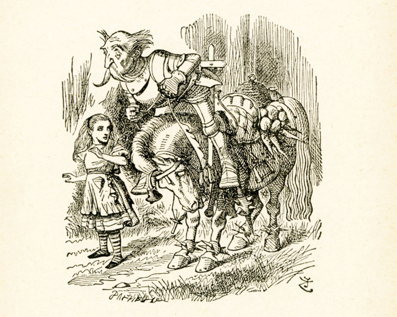 This illustration of Alice and tthe Old Knight on Horseback is from ""Through the Looking-Glass and What Alice Found There"" by Lewis Carroll (Charles Lutwidge Dodgson), who wrote this novel in 1871 as a sequel to ""Alice's Adventures in Wonderland."" The Old Knight is the White Knight and here he is being thrown off his horse.