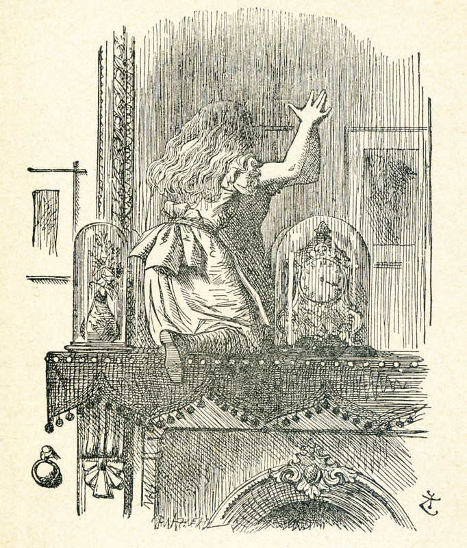 This illustration of Alice climbing up on the fireplace mantel  and about to poke the looking glass (mirror) is from ""Through the Looking-Glass and What Alice Found There"" by Lewis Carroll (Charles Lutwidge Dodgson), who wrote this novel in 1871 as a sequel to ""Alice's Adventures in Wonderland."" Alice does step through the mirror into another world.