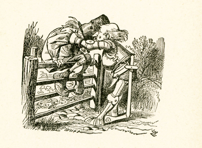 This illustration of an old man on the gate being helped by the White Knight is from ""Through the Looking-Glass and What Alice Found There"" by Lewis Carroll (Charles Lutwidge Dodgson), who wrote this novel in 1871 as a sequel to ""Alice's Adventures in Wonderland."".