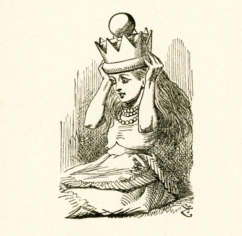 This illustration of Alice putting on the royal crown is from ""Through the Looking-Glass and What Alice Found There"" by Lewis Carroll (Charles Lutwidge Dodgson), who wrote this novel in 1871 as a sequel to ""Alice's Adventures in Wonderland."".