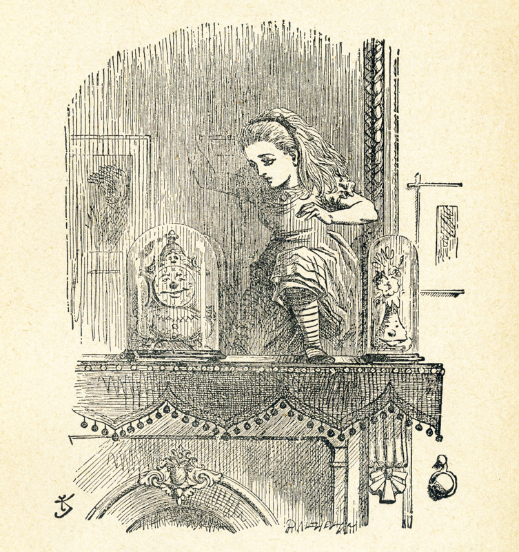 This illustration of Alice poking poke the looking glass (mirror) and seeing an old man in the clock , not an actual clock as in the room she just left is from ""Through the This illustration of Alice poking poke the looking glass (mirror) and seeing an old man in the clock, not an actual clock as in the room she just left is from ""Through the Looking-Glass and What Alice Found There"" by Lewis Carroll (Charles Lutwidge Dodgson), who wrote this novel in 1871 as a sequel to ""Alice's Adventures in Wonderland."" Alice has now stepped through the mantle mirror into another world.