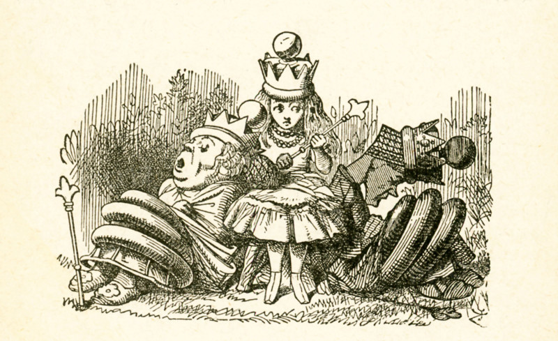 This illustration of Alice  with the two sleepingqueens, the White Queen and the Red Queen, is from ""Through the Looking-Glass and What Alice Found There"" by Lewis Carroll (Charles Lutwidge Dodgson), who wrote this novel in 1871 as a sequel to ""Alice's Adventures in Wonderland."" Here Alice has put a royal crown on her head.