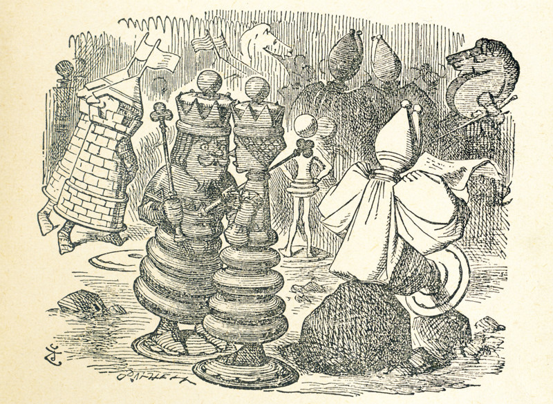 This is what Alice saw once she went through the Looking Glass and into the Looking Glass room in Lewis Carroll's ""Through the Looking Glass."" Here are the Red Qeen and the Red King. To the right is a White Pawn that has rolled over and has started kicking. Alice has just stepped through the mantle mirror in her house into another world, where she is in a sunny spring garden. The flowers can speak and there she meets the Red Queen and Red King, who are human-size. The Queen tells Alice that the garden is like a huge chessboard and that she can make Alice a queen if she can make it to the eighth rank in a chess match.
