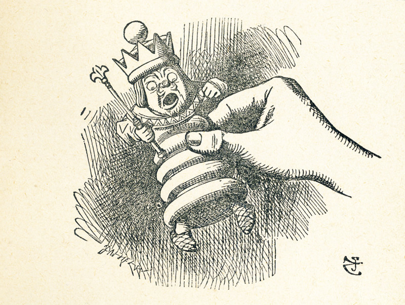 This scene is from the time after Alice went through the Looking Glass and into the Looking Glass room in Lewis Carroll's ""Through the Looking Glass."" Here Alice picks up the White King very gently. She is astonished at the face he made. The White King was on the ground and not able to hear or see Alice, but then all changes after she picks him up, and also the White Queen.