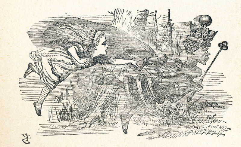 This is a scene from what Alice saw once she went through the Looking Glass and into the Looking Glass room in Lewis Carroll's ""Through the Looking Glass."" Here Alice has taken the hand of the Red Queen and running along with her, to take her to become, perhaps, the White Queen's Pawn.