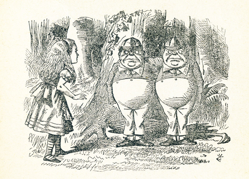 This is a scene from what Alice saw once she went through the Looking Glass and into the Looking Glass room in Lewis Carroll's ""Through the Looking Glass."" Here Alice meets Tweedledum and Tweedledee. ""Through the Looking-Glass and What Alice Found There"" by Lewis Carroll (Charles Lutwidge Dodgson), who wrote this novel in 1871 as a sequel to ""Alice's Adventures in Wonderland."".
