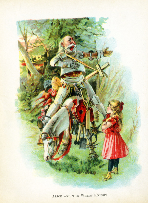 This illustration of Alice and the White Knight is from ""Through the Looking-Glass and What Alice Found There"" by Lewis Carroll (Charles Lutwidge Dodgson), who wrote this novel in 1871 as a sequel to ""Alice's Adventures in Wonderland."" The White Knight is a fictional character that Alice meets in the garden. He is based on a chess player. It is the White Knight who rescues Alice from the Red Knight and he escorts her to the eighth square of the chess board, where the Red Queen said she would make Alice a queen if she reached it. was on the ground and not able to hear or see Alice, but then all changes after she picks him up, and also the White Queen.  The White Knight is shown riding in a unique way - leaning forward over the bridle and standing in the stirrups.