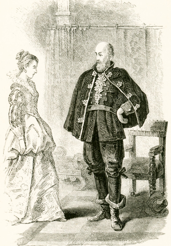 The tale involved in this illustration dates to the 1600s and the time when the Puritans left England. The  father here is for Puritans and daughter is for English and England. The caption reads: Father and Daughter.