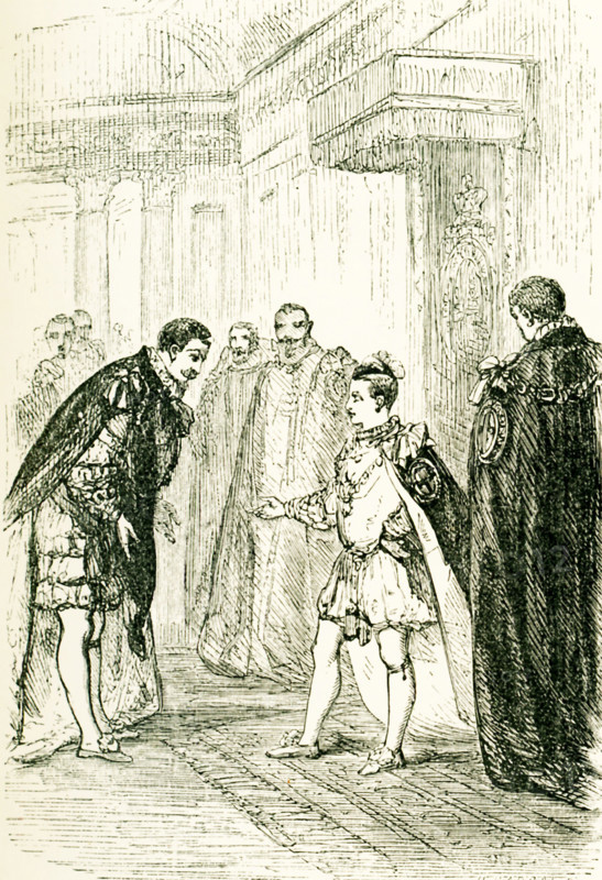 The caption on this illustration that dates to around 1865 reads"" Edward entered into the presence chamber, ""My lords,"" said he, ""I pray ye what saint is this George, that we so honour him?"" Edward VI was the son of Henry VIII and Jane Seymour and ruled from 1847 to his death in 1853.