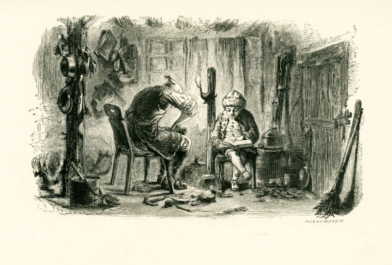 Th caption for this illustration that dates to around 1865 reads: Supper over, the father would resume his work, and the child would read to him out of the books which he received as prizes. The father was Johann Joachim Winckelmann (1717-1768), a German classical archaeologist and a historian of ancient art. Here the father is being read to by his son.