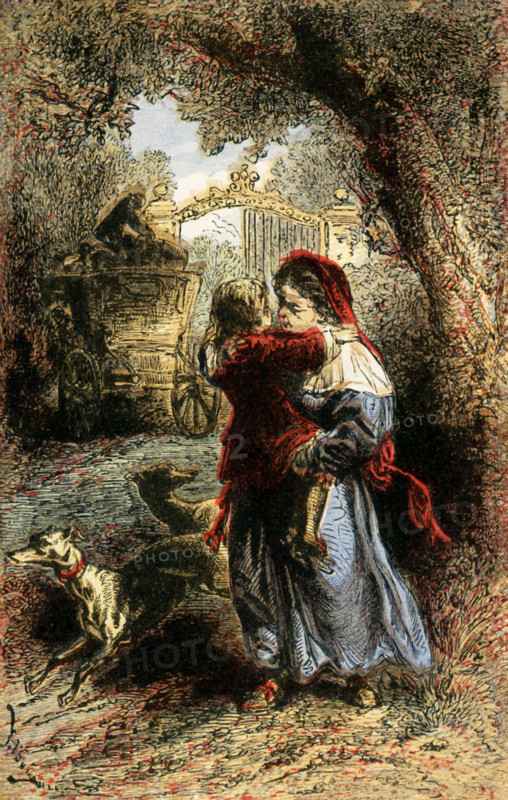 The caption for this illustration that dates to around 1865 reads: And the carriage having stopped. She took the child in her arms and carried him into the house. The child is Alexander Pope, an English poet who lived from 1688 to 1744. Among his works are Essay on Criticism, The Rape of the Lock, and An Essay on Man. The lady is Alexander's aunt who doted on him. Alexander had been a bit hunchbacked from birth.