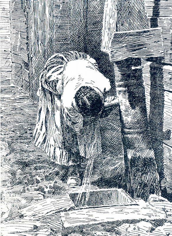 This late 19th-century illustration shows a woman doing the morning wash at the backyard hydrant. This scene is near the Water Street Mission. In 1872 businessman Frederick Hatch bought the property in Lower Manhattan that became the Water Street Mission. He had met Jerry McAuley and put him in charge of this new venture - America's first Rescue Mission.