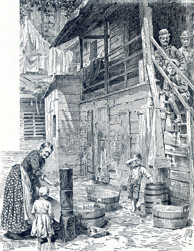 This late 19th-century illustration showsa tenement house backyard in the rear of Mulberry Street, near the Water Street Mission. In 1872 businessman Frederick Hatch bought the property in Lower Manhattan that became the Water Street Mission. He had met Jerry McAuley and put him in charge of this new venture - America's first Rescue Mission.