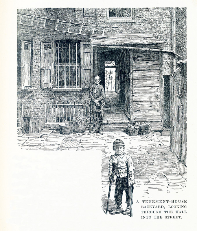 This late 19th-century illustration shows a typical tenement house backyard in New York City. It is near the Water Street Mission. In 1872 businessman Frederick Hatch bought the property in Lower Manhattan that became the Water Street Mission. He had met Jerry McAuley and put him in charge of this new venture - America's first Rescue Mission.