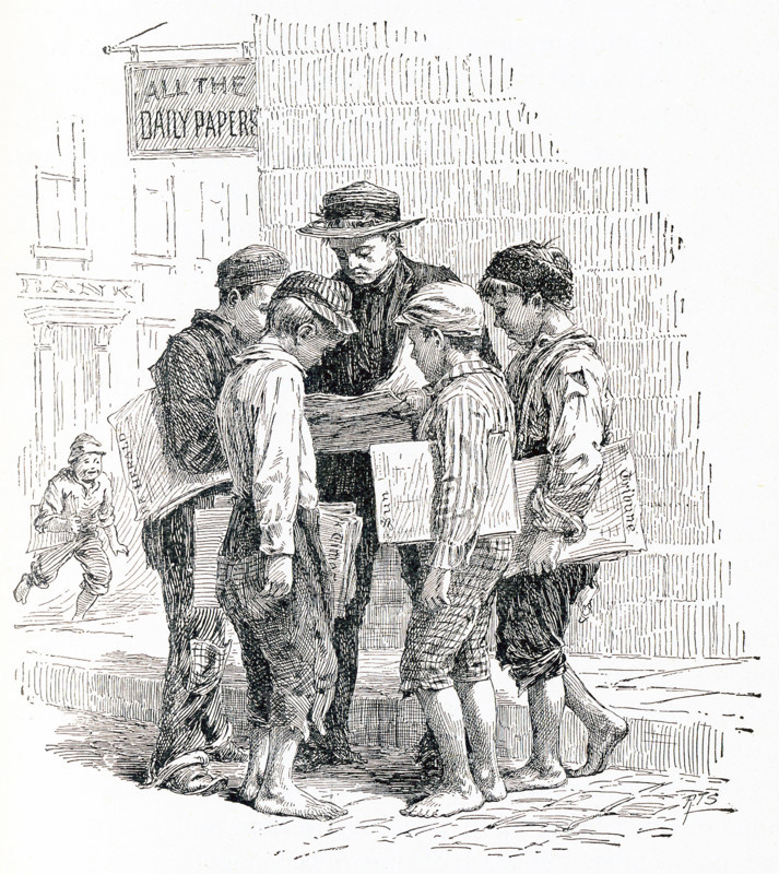 This late 19th-century illustration shows paperboys in New York City. The caption reads:""Getting Points from the Last Edition."".