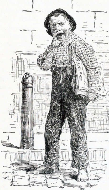 This late 19th-century illustration shows a paperboy in New York City. The caption reads: ""Ext-r-ah 'Dishun."".