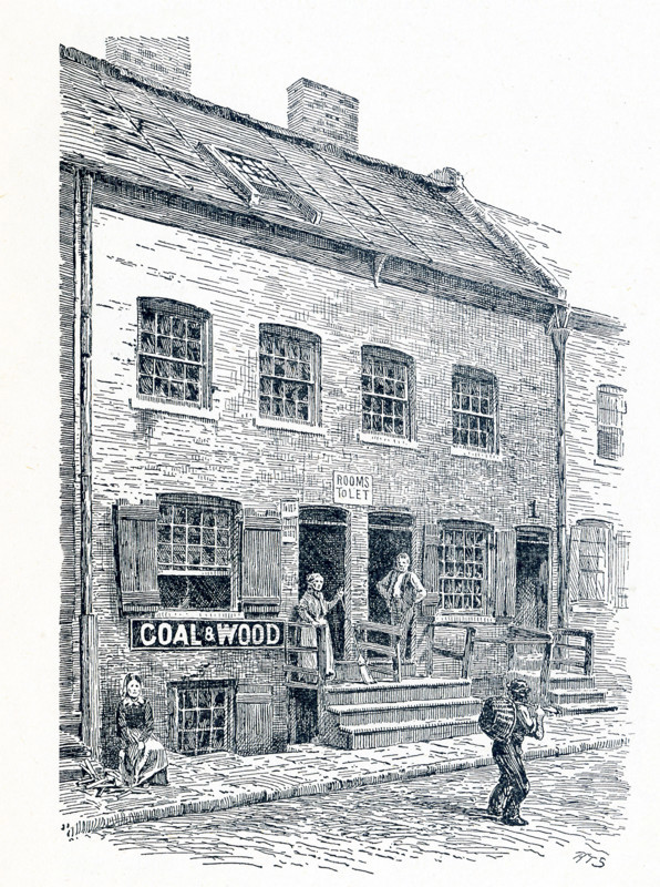 A tenement house on Hamilton Street in New York City that was known as ""The Ship"" - a narrow entrance to the rear leading to the garret rooms. Nearby was the Water Street Mission. This illustration dates to 1899.