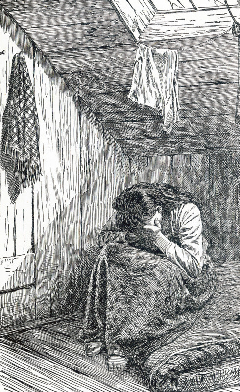 This illustration dates to 1899. The caption reads: A room and its occupant as found in the garret of ""The Ship."" This tenement house on Hamilton Street in New York City  was known as ""The Ship"" - a narrow entrance to the rear leads to the garret rooms. Nearby was the Water Street Mission.