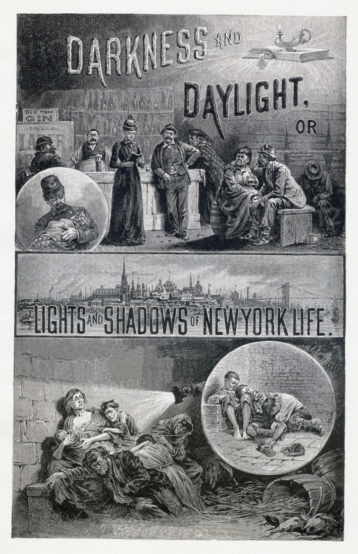 This late 19th-century illustration shows the opening illustration iin the book, Darkness and Daylight in New York (1899) by Helen Campbell (1918), Thomas W. Knox (1896),  and Thomas Byrnes (1910), published by  A.D. Worthington & Co. It focuses on homeless in New York City.