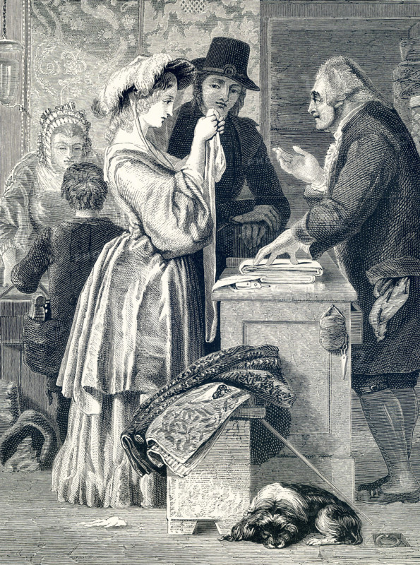 This engraving on wood accompanied an 1881 book on British Painters. The one is titled ""Choosing a Wedding Gown"" and is credited to William Mulready (1786-1863), an Irish painter living in London. Mulready was known for his works that romanticized rural scenes. His paintings were popular in Victorian times.