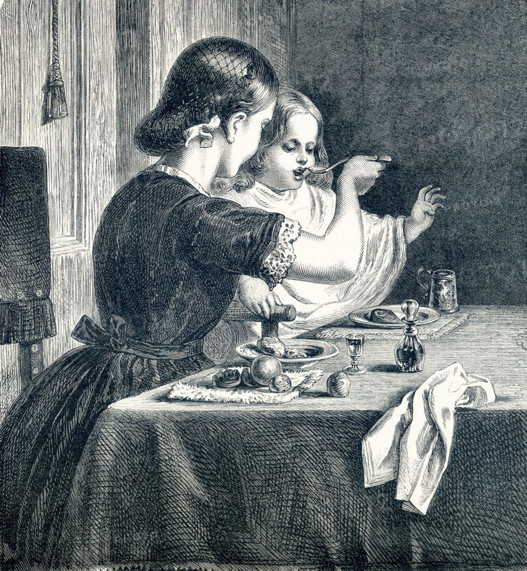 This engraving on wood accompanied an 1881 book on British Painters. The title is ""Baby's Turn,"" and it is by Charles West Cope (1811-1890), a leading English Victorian-era painter of genre and history scenes.