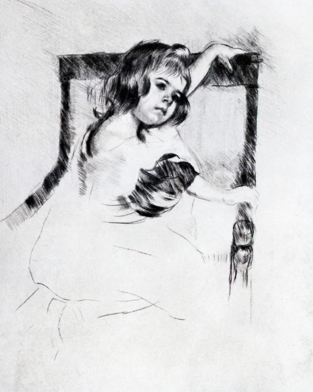 Mary Cassatt (1844-1926) was the only American artist to exhibit with the impressionists in Paris. She became known for her paintings of domestic moments, especially her pictures of women and children. Her works were among the first impressionist works seen in the United States. This etching is titled ""Child Resting."".