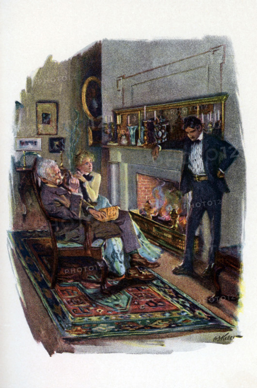 Amos Judd is a novel written in 1895 by J.A. Mitchell (1845-1918). It takes place against a background of civil war in northern India. The seven-year-old rajah is smuggled out by three faithful followers - two Hindus and one American. The boy was brought to a Connecticut farmhouse and given the name Amos Judd. As he grew up, he had the amazing ability to foresee events. The caption accompanying this illustration in the novel: It seemed a long five minutes.  The scene shows Mr. Cabot in the chair, smoking a cigar. Molly is with him.  Amos Judd is thinking as he rests his arm on the mantle. He had asked for five minutes to think about what he was going to do.