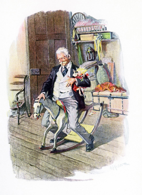 Amos Judd is a novel written in 1895 by J.A. Mitchell (1845-1918). It takes place against a background of civil war in northern India. The seven-year-old rajah is smuggled out by three faithful followers - two Hindus and one American. The boy was brought to a Connecticut farmhouse and given the name Amos Judd. As he grew up, he had the amazing ability to foresee events. The caption accompanying this illustration in the novel: Gently rocking with both feet on the ground. Here the Honorable James Cabot, one of the most respected residents of Daleford, is on a rocking horse. In his arm is a rag doll.