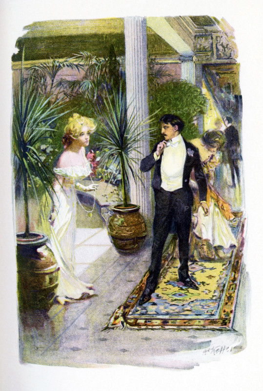 Amos Judd is a novel written in 1895 by J.A. Mitchell (1845-1918). It takes place against a background of civil war in northern India. The seven-year-old rajah is smuggled out by three faithful followers - two Hindus and one American. The boy was brought to a Connecticut farmhouse and given the name Amos Judd. As he grew up, he had the amazing ability to foresee events. The caption accompanying this illustration in the novel: I beg your pardon. I was startled. Miss Cabot had gone to find some cooler air and was by a conservatory when she was startled by the presence of someone - it turned out to be Mr. Judd and his companion, a pretty girl in pink.