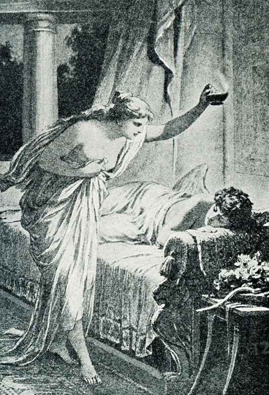 According to Greek and Roman mythology, Cupid (Eros to the Greeks) was the god of love. His mother, Venus (Aphrodite), was jealous of Psyche, a mortal princess, and sent Cupid to shoot her with a love arrow that would make her fall in love with a horrible creature. By accident, Cupid pricked himself as he did so and reversed the effect on Psyche. Venus tried unsuccessfully to keep the two apart. Finally, Cupid and Pysche were allowed to marry, and Psyche was granted  immortality. Here Pysche looks at Cuopid asleep - myth says a drop of the hot wax from the candle fell on Cupid, awakened him, and he left Pysche for he had asked her to promise him that she would never to seek to look at.