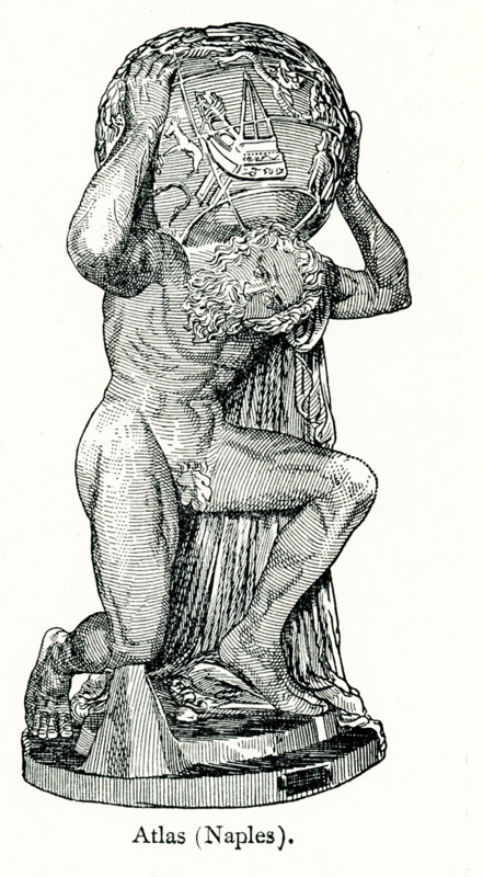 Atlas was the Titan god who bore the sky aloft. Atlas was a leader of the Titans in their war against Zeus and after their defeat he was condemned to carry the heavens upon his shoulders, as seen here in this statue, known as the Farnese Atlas, a 2nd-century AD Roman marble sculpture of Atlas holding up a celestial globe. Probably a copy of an earlier work of the Hellenistic period, it is the oldest extant statue of Atlas. The sculpture is at the National Archaeological Museum of Naples, in Italy.