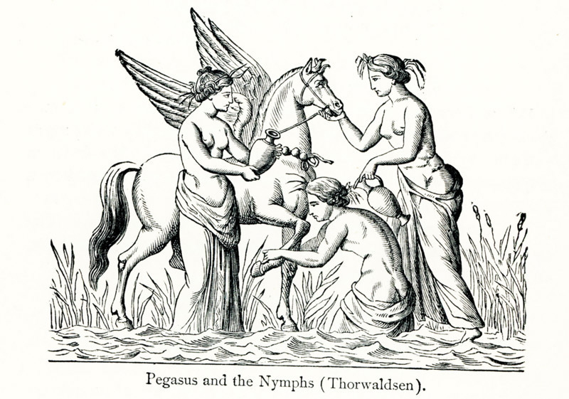 According to Greek mythology, the hero Bellerophon, with the aid of the winged horse Pegasus, slew the monster as the Chimaera, which was part lion, part goat, and part dragon. Bellerophon became too proud of his accomplishments and tried to fly to heaven on Pegasus, but was thrown and blinded, and according to one legend, killed. This illustration shows Pegasus and three nymphs caring for him. It was done by Bertel Thorvaldsen (1770 -1844), a Danish sculptor and medalist of international fame.