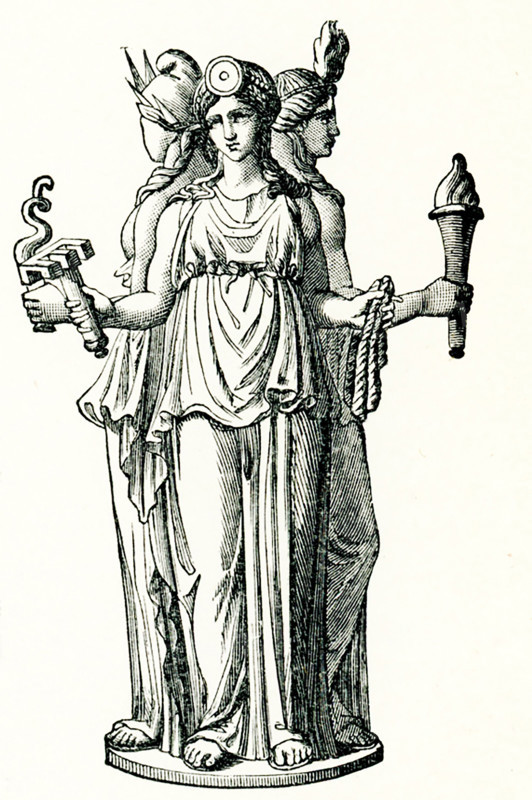 Hecate was the chief goddess presiding over magic and spells. She witnessed the abduction of Demeter's daughter Persephone to the underworld and, torch in hand, assisted in the search for her. Thus, pillars called.