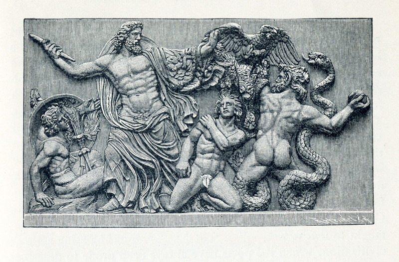 This illustration dates to the 1890s and shows the altar frieze at Pergamon (also Pergamum). Here we see Zeus fighting the Titans in the battle known as the Gigantomachy. He is fighting three of the giants/Titans with eagles and lightning bolts. This grouping was part of the altar frieze at Pergamon. Pergamon was an ancient city  in Asia Minor ( present-day Turkey). The altar at Pergamon (also spelled Pergamum) was built in the second half of the second century B.C. The ruler at that time was Eumenes II. Tondeur is credited with the restoration.