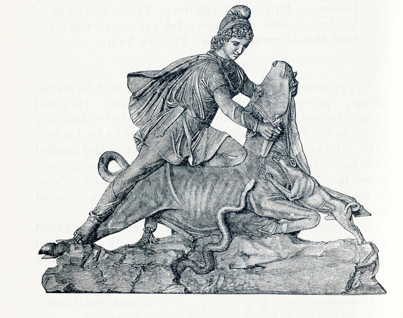 This illustration dates to around 1898 and depicts the sculpture of Mithras (also spelled Mithra) that is housed in the Vatican. Mithras is sometimes known as the bull slaughterer and bull slayer. Followers of Mithras believed that the world was created from the blood of a bull, so the symbolism here is that of Mithras slitting the throat of the bull. The serpent represent evil forces in typical depictions of the Mithras story. Mithras was a deity in the Persian religion known as Mithraism. He was worshiped as the god of the sun, justice, and war. He later became a god worshiped in Rome and in many parts of the Roman empire. He was honored as the patron of loyalty to the emperor. Date is around second to third century A.D.