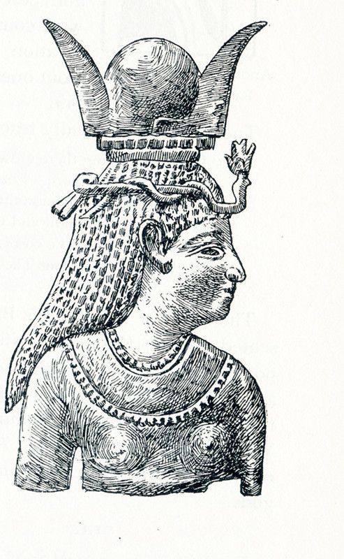 This illustration that deates to around 1898 shows the Middle Eastern goddess Astarte with a horned headdress. She was a form of the ancient Sumerian goddess of love and beauty and justice - Ishtar. She was one of the chief female goddesses. Beginning in the first millennium B.C., Astarte was revered in Syria and Canaan. Later she was worshiped byt the people of Cyprus and then she came to be worshiped by the Mycenaeans. In time, her worship merged and she became Aphrodite, the Greek goddess of love and beauty.