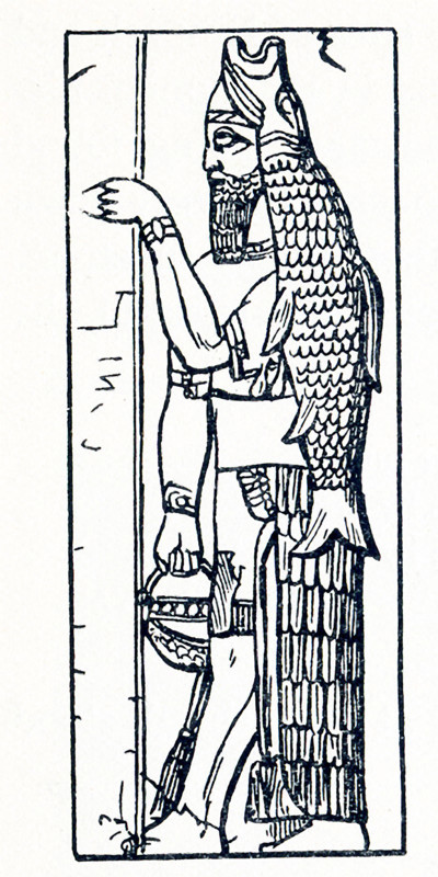 This illustration dates to around 1898 and shows Anou or Dagon from a relief at Nimroud (also spelled Nimrod). Dagon is an ancient Mesopotamian deity, often associated with fertility and agriculture. The fish seen here with him was known as dag, hence the reason for his name. Nimroud (also spelled Nimrod) is the Assyrian name for the city of Kalhu on the Nineveh plains. Nimroud is located south of present-day Mosul in Iraq. Anou (also spelled Anu) was the ancient Mesopotmaian god of the sky. Anou was originally the supreme deity of the  Babylonian pantheon.