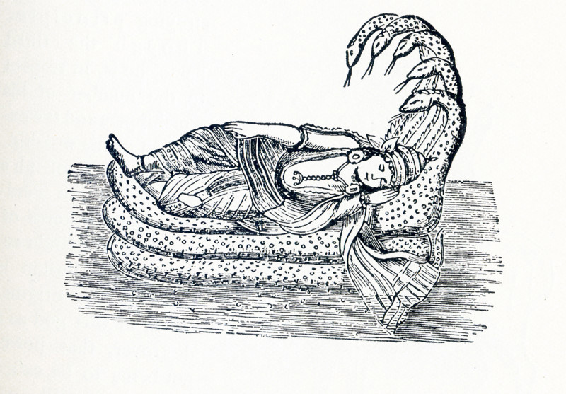 This illustration dates to around 1898 and shows the Hindu deity Vishnu. Vishnu was honored as the second god of the Trimurti, or the Hindu trinity. He was the preserver god. Shesha, the king of the nagas (primal beings of creation), is usually shown as a huge form that floats coiled in space or on the great ocean. There Shesha forms the bed on which Vishnu lies. Sometimes - as here - Shesha is shown as a five-headed serpent (but there can be as many as several hundred serpent heads).