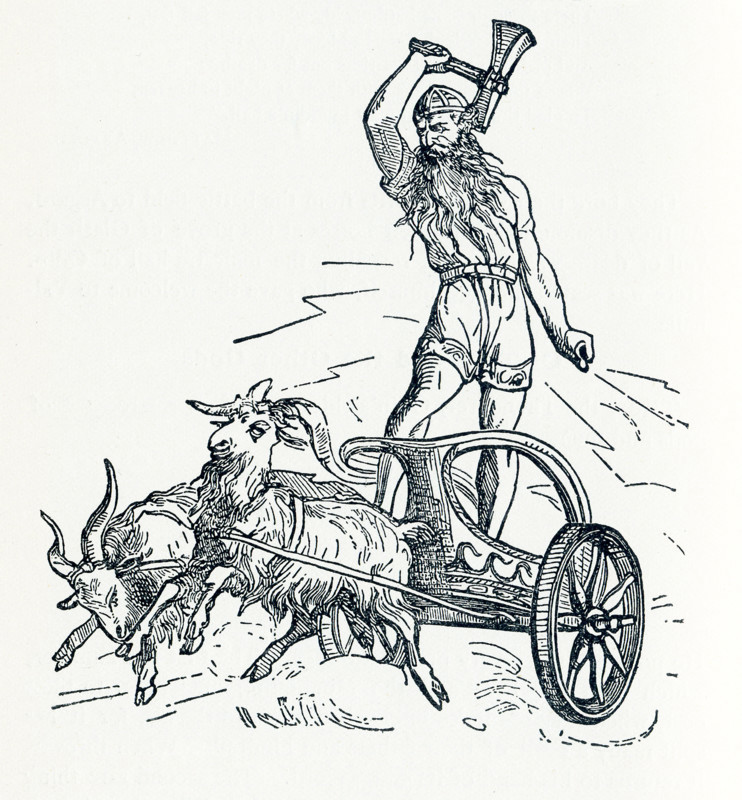 In Norse mythology, Thor was the god of thunder, and thus the god of might and war. The son of Odin, he  had a magical hammer named Mjollnir that returned to him, a belt of stength, and iron gloves.  His chariot was pulled by two goats, Tanngrisni (""gap-tooth"" ) and Tanngnost (""tooth grinder"").