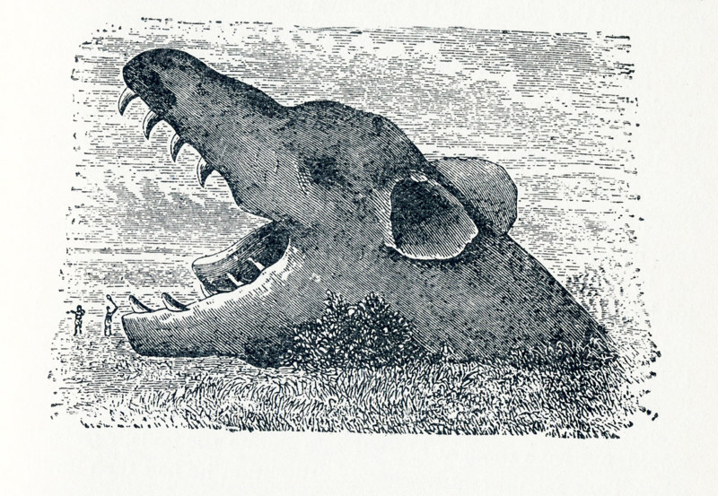 This illustration dates to aroun 1898 and shows the wolf Fenris (also spelled Fenrir. The name translates as ""He who dwells in the marshes."" According to Norse mythology, he is the son of the god Loki and the giantess Angrboda.  He is the brother of the serpent Jorungand and the underworld goddess Hel. Legend says that the  gods raised Fenris to keep him under their control.