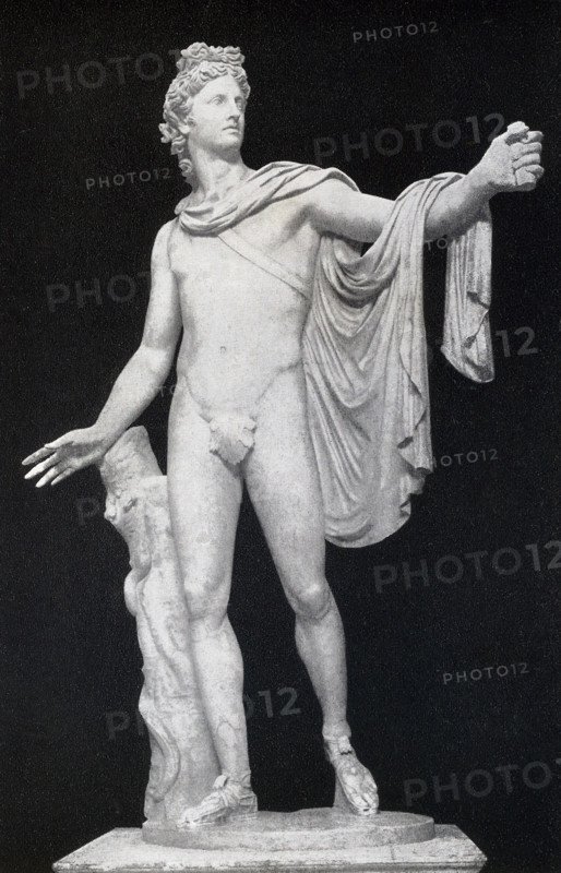 This photo of the statue known as Apollo Belvedere was taken in the late 1890s. This particular statue of the Greek god Apollo (also known by the Romans as Apollo) is housed at the Vatican and is a Roman copy fashioned in marble of the Greek original that was cast in bronze. It is one of the best known of ancient Classical sculptures and its fame is due in large part to the German art historian and archaeologist Johann Winckelmann, who praised it as the highest expression of ancient art. It dates to the second century A.D. The original dated to 330-320 B.C. and was the work of the sculptor Leochares.
