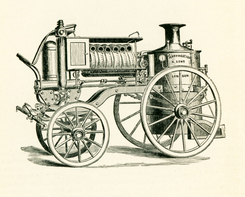 This illustration dates to the 1870s and shows Merryweather's Steam Fire Engine. Merryweather & Sons was an 1800s firm in the Clapham (later Greenwich) section of London that produced steam fire engines and steam tram engines. They had vertical boiler (as seen here) that they put onto a platform that was then drawn by horses. It improved fire pressure - great for fighting fires.