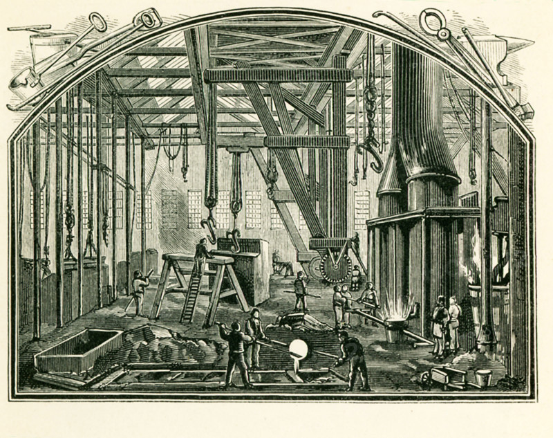 This illustration dates to the 1870s and shows a foundry, a workshop or factory for casting metal, in England in the 1870s.