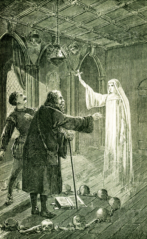 This illustration dates to before 1876. It shows the apparatus used for a ghost illusion, often referred to as ""Pepper's Ghost."" The real actors are seen through a large plate of colorless and transparent glass, and from the front surface of this glass rays are reflected that apparently proceed from a phantom taking part in a scene among real actors. Parallel to the glass is a silvered mirror placed out of spectators' sight and receiving the rays from a person, also out of sight of spectators, in which the rays are reflected from the silvered mirror to the plate-glass, and hence reflected so as to reach the spectators and give them the impression of a figure standing on the stage, is sufficiently indicated by the lines drawn in the diagram. Later a second mirror was introduced that allowed the ghost to appear upright - as seen here.