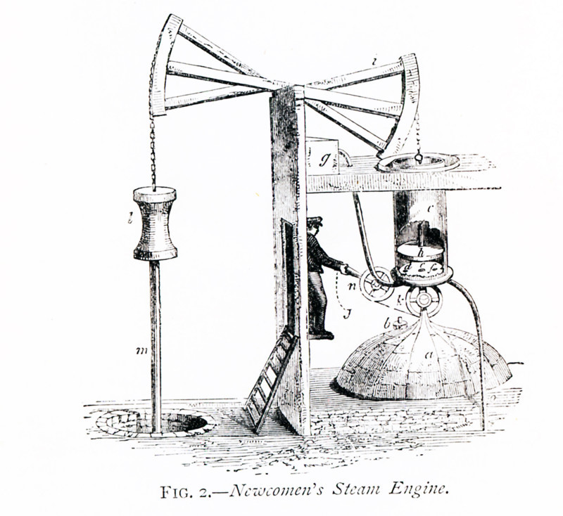 This 1870s illustration shows how Newcomen's Steam Engine worked. English inventor Thomas Newcomen (1664-1729) invented the first practical steam engine in 1712. His atmospheric engine, the first practically useful engine in which a piston moving in a cylinder was employed. The letters correspond accordingly: c (cylinder), h (piston), d and e and f (pipes), k (cock), m (pump rod), g (cistern), d(opening to cylinder).
