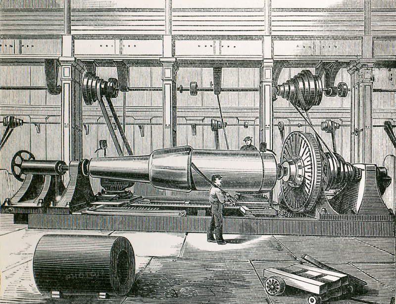 This illustration dates to the 1870s an shows an engineer's workshop. Any visitor to it could not fail to be struck with the operation of the powerful Lathes and Planing Machines, by which long thick flakes or shavings of iron are removed from pieces of metal with the same apparent ease as if the machine were paring cheese.