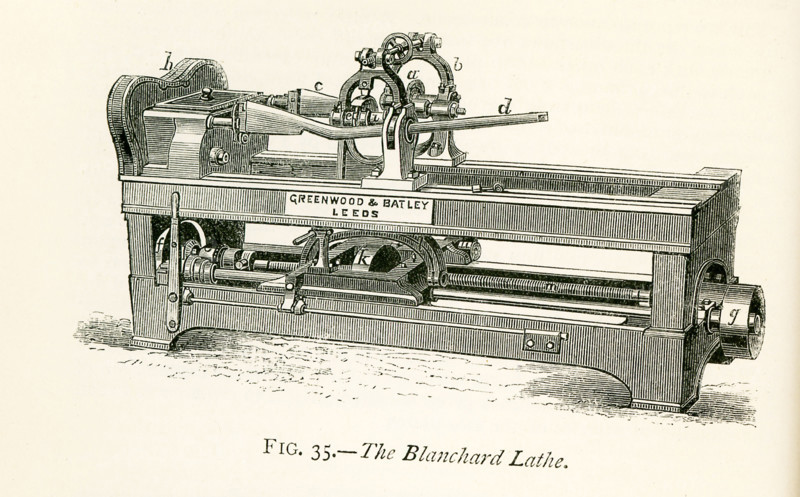 This illustration dates to the 1870s and represents a Blanchard's lathe, very elegantly constructed by Messrs. Greenwood and Batley, of Leeds. The first obvious difference between an ordinary lathe and Blanchard's invention is that in the former the work revolves rapidly and the cutting-tool is stationary, or only slowly shifts its position in order to act on fresh portions of the work, while in the latter the work is slowly rotated and the cutting-tools are made to revolve with very great velocity. The whole arrangement is self-acting, so that when once the pattern and the rough block of wood have been fixed in their positions, the machine completes the work, and produces an exact repetition of the shape of the pattern. It is plain that any kind of forms can be easily cut by this lathe, the only condition being that the surface of the pattern must not present any re-entering portions which the edge of the guide-wheel cannot follow. The machine is largely used for the purposes named ab...