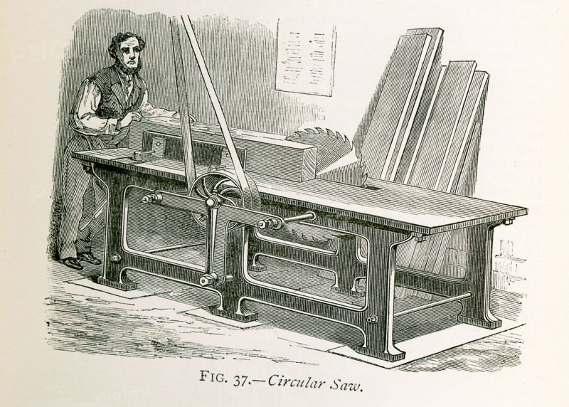 This illustration dates to the 1870s and showsa circular saw, a very effective machine for cutting pieces of wood of moderate dimensions. Here there is a steel disc, having its rim formed into teeth; and the disc is made to revolve with very great speed, in some cases making as many as five hundred turns in a minute, or more than eight in a second. On the bench is an adjustable straight guide, or fence, and when this has been fixed, the workman has only to press the piece of wood against it, and push the wood at the same time towards the saw, which cuts it at a very rapid rate. Sometimes the circular saw is provided with apparatus by which the machine itself pushes the wood forwards, and the only attention required from the workman is the fixing of the wood upon the bench, and the setting of the machine in gear with the driving-shaft. Similar saws are used for squaring the ends of the iron rails for railways, two circular saws being fixed upon one axle at a distance apart equal to the ...